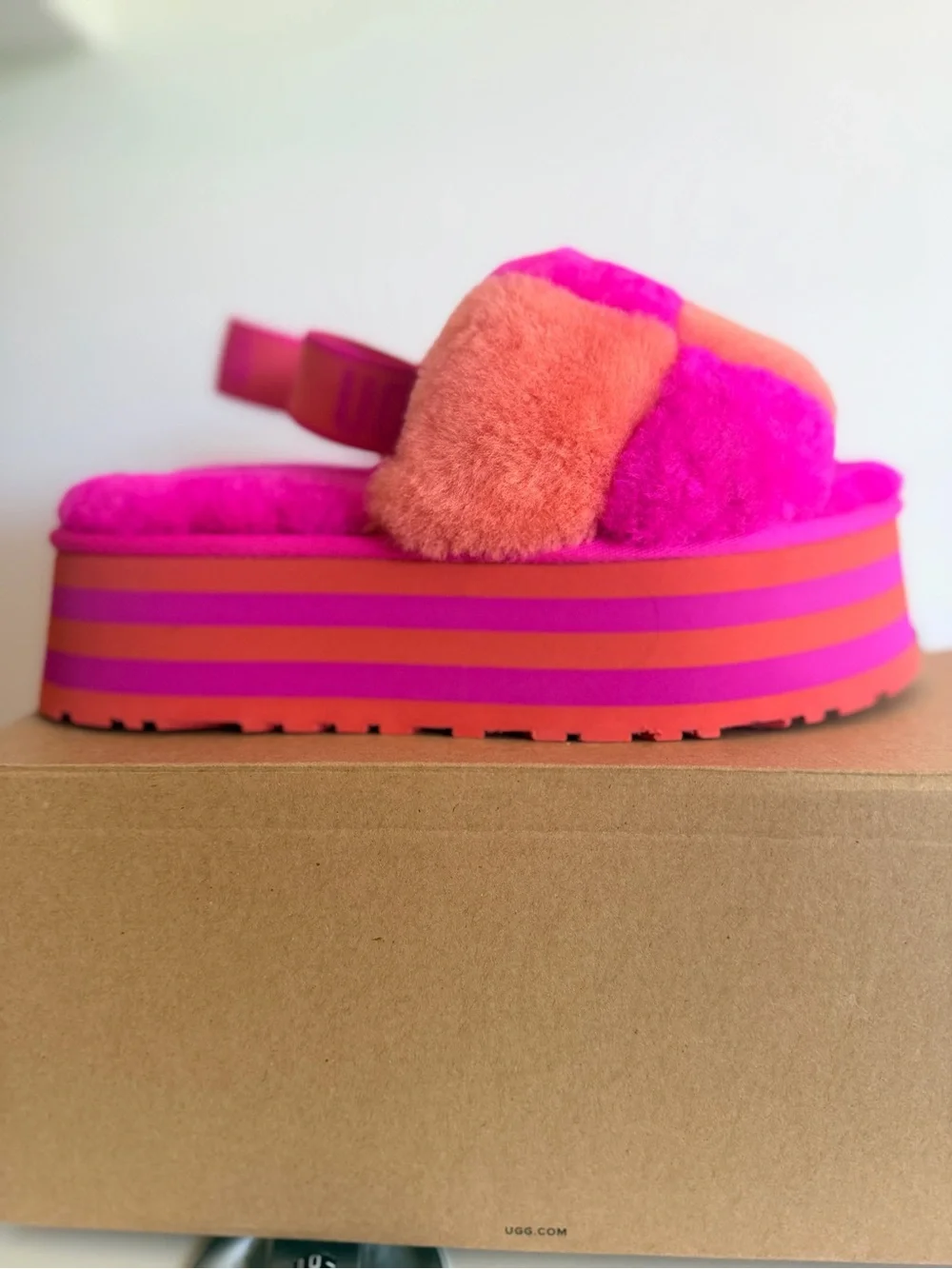 UGG Checker Pink and Orange Platform Fluff Slides